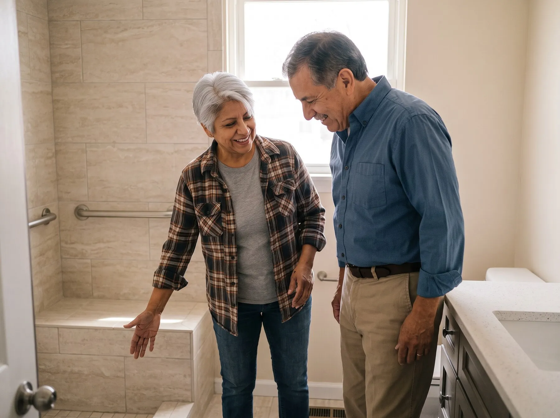 Illustrative photo: A remodeler showing a homeowner his finished walk-in shower.