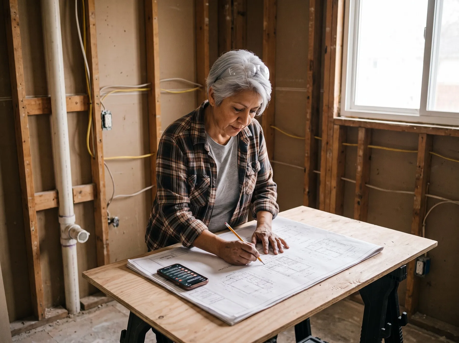 Illustrative photo: A remodeler marking up plans in a gutted bathroom while her phone fills with missed messages.